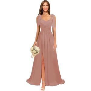 imagehomdor Chiffon Bridesmaid Dresses Long 2025 Foral Printed Prom Dresses Spaghetti Straps Pleated Formal Maxi Dress with SlitPure Dusty Rose