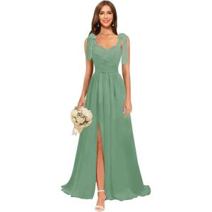 imagehomdor Chiffon Bridesmaid Dresses Long 2025 Foral Printed Prom Dresses Spaghetti Straps Pleated Formal Maxi Dress with SlitPure Eucalyptus
