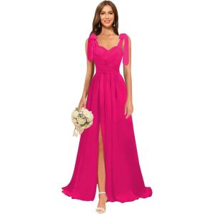 imagehomdor Chiffon Bridesmaid Dresses Long 2025 Foral Printed Prom Dresses Spaghetti Straps Pleated Formal Maxi Dress with SlitPure Fuchsia