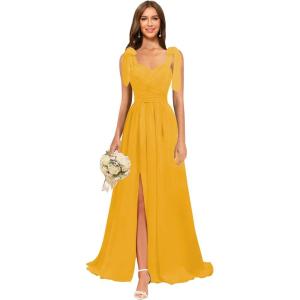 imagehomdor Chiffon Bridesmaid Dresses Long 2025 Foral Printed Prom Dresses Spaghetti Straps Pleated Formal Maxi Dress with SlitPure Gold