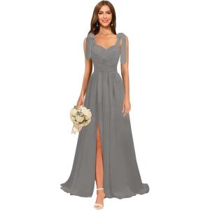 imagehomdor Chiffon Bridesmaid Dresses Long 2025 Foral Printed Prom Dresses Spaghetti Straps Pleated Formal Maxi Dress with SlitPure Gray