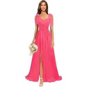 imagehomdor Chiffon Bridesmaid Dresses Long 2025 Foral Printed Prom Dresses Spaghetti Straps Pleated Formal Maxi Dress with SlitPure Hot Pink