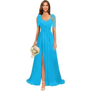 imagehomdor Chiffon Bridesmaid Dresses Long 2025 Foral Printed Prom Dresses Spaghetti Straps Pleated Formal Maxi Dress with SlitPure Lake Blue