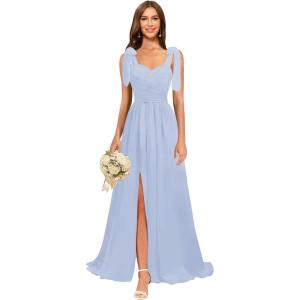 imagehomdor Chiffon Bridesmaid Dresses Long 2025 Foral Printed Prom Dresses Spaghetti Straps Pleated Formal Maxi Dress with SlitPure Lavender