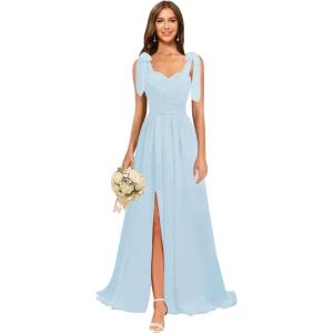 imagehomdor Chiffon Bridesmaid Dresses Long 2025 Foral Printed Prom Dresses Spaghetti Straps Pleated Formal Maxi Dress with SlitPure Light Blue