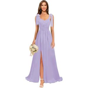 imagehomdor Chiffon Bridesmaid Dresses Long 2025 Foral Printed Prom Dresses Spaghetti Straps Pleated Formal Maxi Dress with SlitPure Lilac