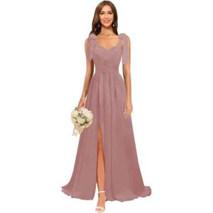 imagehomdor Chiffon Bridesmaid Dresses Long 2025 Foral Printed Prom Dresses Spaghetti Straps Pleated Formal Maxi Dress with SlitPure Mauve