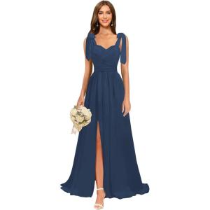 imagehomdor Chiffon Bridesmaid Dresses Long 2025 Foral Printed Prom Dresses Spaghetti Straps Pleated Formal Maxi Dress with SlitPure Navy Blue
