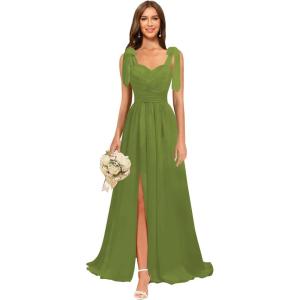 imagehomdor Chiffon Bridesmaid Dresses Long 2025 Foral Printed Prom Dresses Spaghetti Straps Pleated Formal Maxi Dress with SlitPure Olive