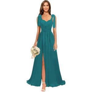 imagehomdor Chiffon Bridesmaid Dresses Long 2025 Foral Printed Prom Dresses Spaghetti Straps Pleated Formal Maxi Dress with SlitPure Peacock