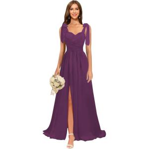 imagehomdor Chiffon Bridesmaid Dresses Long 2025 Foral Printed Prom Dresses Spaghetti Straps Pleated Formal Maxi Dress with SlitPure Plum