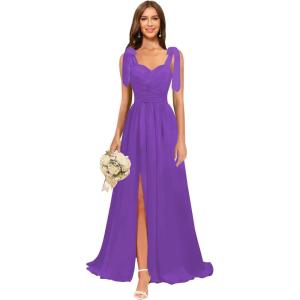 imagehomdor Chiffon Bridesmaid Dresses Long 2025 Foral Printed Prom Dresses Spaghetti Straps Pleated Formal Maxi Dress with SlitPure Purple