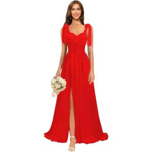 imagehomdor Chiffon Bridesmaid Dresses Long 2025 Foral Printed Prom Dresses Spaghetti Straps Pleated Formal Maxi Dress with SlitPure Red