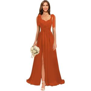 imagehomdor Chiffon Bridesmaid Dresses Long 2025 Foral Printed Prom Dresses Spaghetti Straps Pleated Formal Maxi Dress with SlitPure Rust