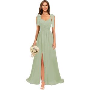imagehomdor Chiffon Bridesmaid Dresses Long 2025 Foral Printed Prom Dresses Spaghetti Straps Pleated Formal Maxi Dress with SlitPure Sage