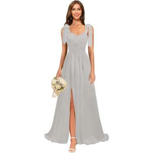 imagehomdor Chiffon Bridesmaid Dresses Long 2025 Foral Printed Prom Dresses Spaghetti Straps Pleated Formal Maxi Dress with SlitPure Silver