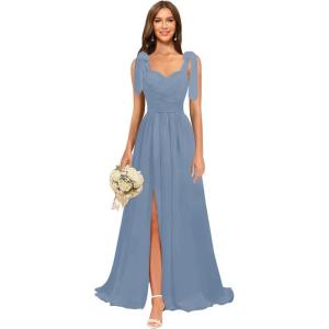 imagehomdor Chiffon Bridesmaid Dresses Long 2025 Foral Printed Prom Dresses Spaghetti Straps Pleated Formal Maxi Dress with SlitPure Steel Blue