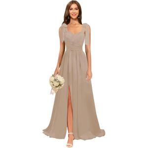 imagehomdor Chiffon Bridesmaid Dresses Long 2025 Foral Printed Prom Dresses Spaghetti Straps Pleated Formal Maxi Dress with SlitPure Taupe