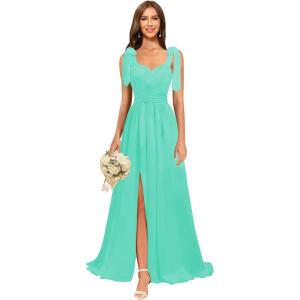 imagehomdor Chiffon Bridesmaid Dresses Long 2025 Foral Printed Prom Dresses Spaghetti Straps Pleated Formal Maxi Dress with SlitPure Turquoise
