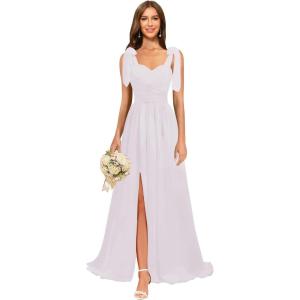 imagehomdor Chiffon Bridesmaid Dresses Long 2025 Foral Printed Prom Dresses Spaghetti Straps Pleated Formal Maxi Dress with SlitPure White