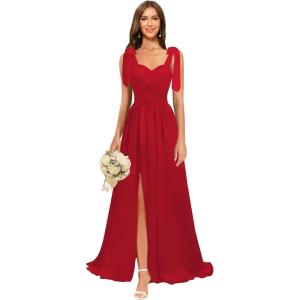 imagehomdor Chiffon Bridesmaid Dresses Long 2025 Foral Printed Prom Dresses Spaghetti Straps Pleated Formal Maxi Dress with SlitPure Wine Red