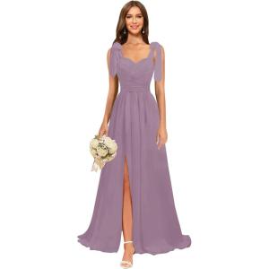 imagehomdor Chiffon Bridesmaid Dresses Long 2025 Foral Printed Prom Dresses Spaghetti Straps Pleated Formal Maxi Dress with SlitPure Wisteria
