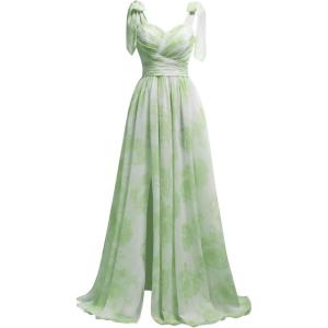 imagehomdor Chiffon Bridesmaid Dresses Long 2025 Foral Printed Prom Dresses Spaghetti Straps Pleated Formal Maxi Dress with SlitSage