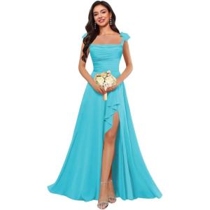 imagehomdor Spaghetti Straps Chiffon Bridesmaid Dresses for Women Long Ruffles Scoop Neck Pleated Formal Evening Gown with SlitAqua