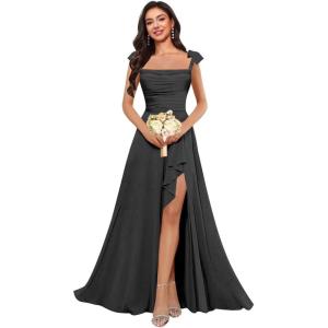 imagehomdor Spaghetti Straps Chiffon Bridesmaid Dresses for Women Long Ruffles Scoop Neck Pleated Formal Evening Gown with SlitBlack