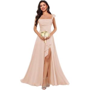 imagehomdor Spaghetti Straps Chiffon Bridesmaid Dresses for Women Long Ruffles Scoop Neck Pleated Formal Evening Gown with SlitBlush