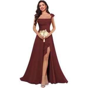 imagehomdor Spaghetti Straps Chiffon Bridesmaid Dresses for Women Long Ruffles Scoop Neck Pleated Formal Evening Gown with SlitBurgundy