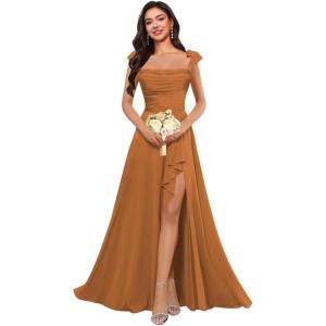 imagehomdor Spaghetti Straps Chiffon Bridesmaid Dresses for Women Long Ruffles Scoop Neck Pleated Formal Evening Gown with SlitBurnt Orange