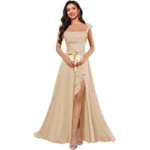 imagehomdor Spaghetti Straps Chiffon Bridesmaid Dresses for Women Long Ruffles Scoop Neck Pleated Formal Evening Gown with SlitChampagne