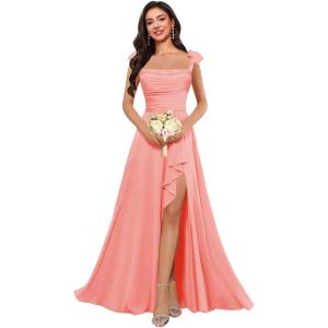 imagehomdor Spaghetti Straps Chiffon Bridesmaid Dresses for Women Long Ruffles Scoop Neck Pleated Formal Evening Gown with SlitCoral