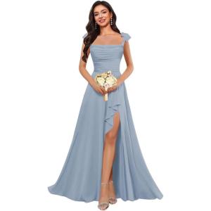 imagehomdor Spaghetti Straps Chiffon Bridesmaid Dresses for Women Long Ruffles Scoop Neck Pleated Formal Evening Gown with SlitDusty Blue