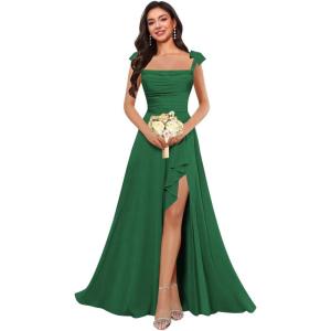 imagehomdor Spaghetti Straps Chiffon Bridesmaid Dresses for Women Long Ruffles Scoop Neck Pleated Formal Evening Gown with SlitEmerald Green