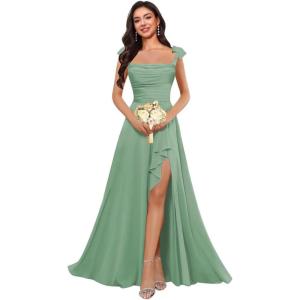imagehomdor Spaghetti Straps Chiffon Bridesmaid Dresses for Women Long Ruffles Scoop Neck Pleated Formal Evening Gown with SlitEucalyptus