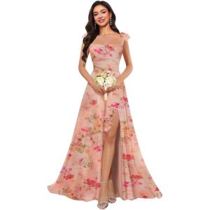 imagehomdor Spaghetti Straps Chiffon Bridesmaid Dresses for Women Long Ruffles Scoop Neck Pleated Formal Evening Gown with SlitFloral Coral