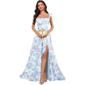 imagehomdor Spaghetti Straps Chiffon Bridesmaid Dresses for Women Long Ruffles Scoop Neck Pleated Formal Evening Gown with SlitFloral Light Blue
