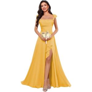 imagehomdor Spaghetti Straps Chiffon Bridesmaid Dresses for Women Long Ruffles Scoop Neck Pleated Formal Evening Gown with SlitGold