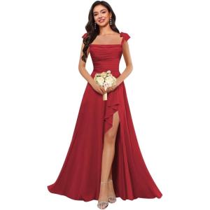 imagehomdor Spaghetti Straps Chiffon Bridesmaid Dresses for Women Long Ruffles Scoop Neck Pleated Formal Evening Gown with SlitGray