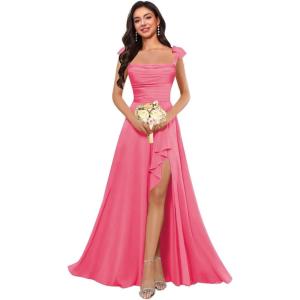 imagehomdor Spaghetti Straps Chiffon Bridesmaid Dresses for Women Long Ruffles Scoop Neck Pleated Formal Evening Gown with SlitHot Pink