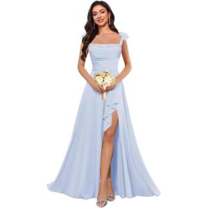 imagehomdor Spaghetti Straps Chiffon Bridesmaid Dresses for Women Long Ruffles Scoop Neck Pleated Formal Evening Gown with SlitLavender