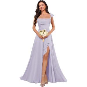 imagehomdor Spaghetti Straps Chiffon Bridesmaid Dresses for Women Long Ruffles Scoop Neck Pleated Formal Evening Gown with SlitLilac