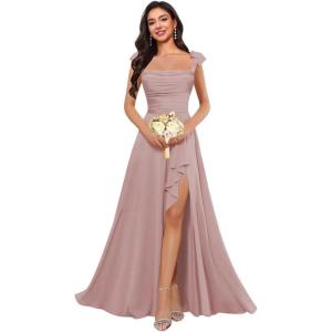 imagehomdor Spaghetti Straps Chiffon Bridesmaid Dresses for Women Long Ruffles Scoop Neck Pleated Formal Evening Gown with SlitMauve