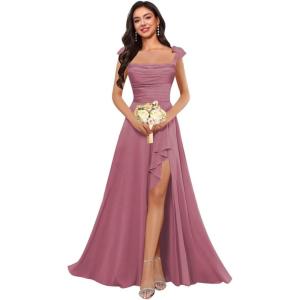imagehomdor Spaghetti Straps Chiffon Bridesmaid Dresses for Women Long Ruffles Scoop Neck Pleated Formal Evening Gown with SlitMulberry