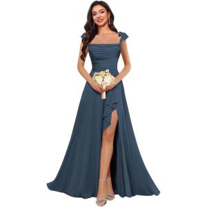 imagehomdor Spaghetti Straps Chiffon Bridesmaid Dresses for Women Long Ruffles Scoop Neck Pleated Formal Evening Gown with SlitNavy Blue
