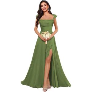 imagehomdor Spaghetti Straps Chiffon Bridesmaid Dresses for Women Long Ruffles Scoop Neck Pleated Formal Evening Gown with SlitOlive Green