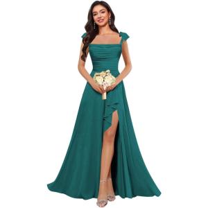 imagehomdor Spaghetti Straps Chiffon Bridesmaid Dresses for Women Long Ruffles Scoop Neck Pleated Formal Evening Gown with SlitPeacock