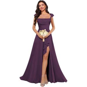 imagehomdor Spaghetti Straps Chiffon Bridesmaid Dresses for Women Long Ruffles Scoop Neck Pleated Formal Evening Gown with SlitPlum